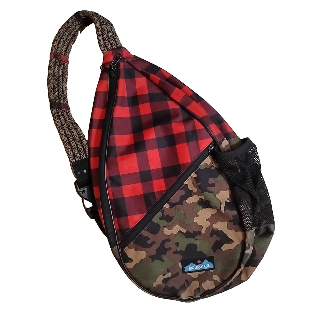 Kavu Red Black Buffalo Plaid and Green Brown Camo Crossbody Sling Bag